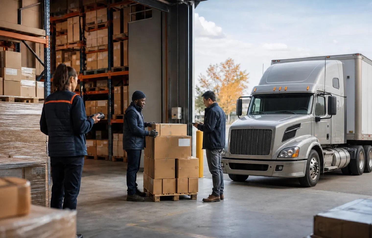 A ShipCarte warehouse team coordinating freight beside a full-size tractor-trailer